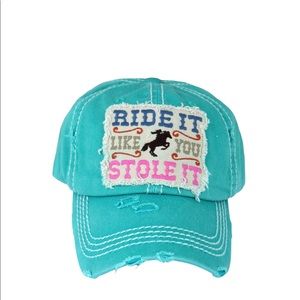 Women’s Distressed ball cap “ride it like you stole it” turquoise